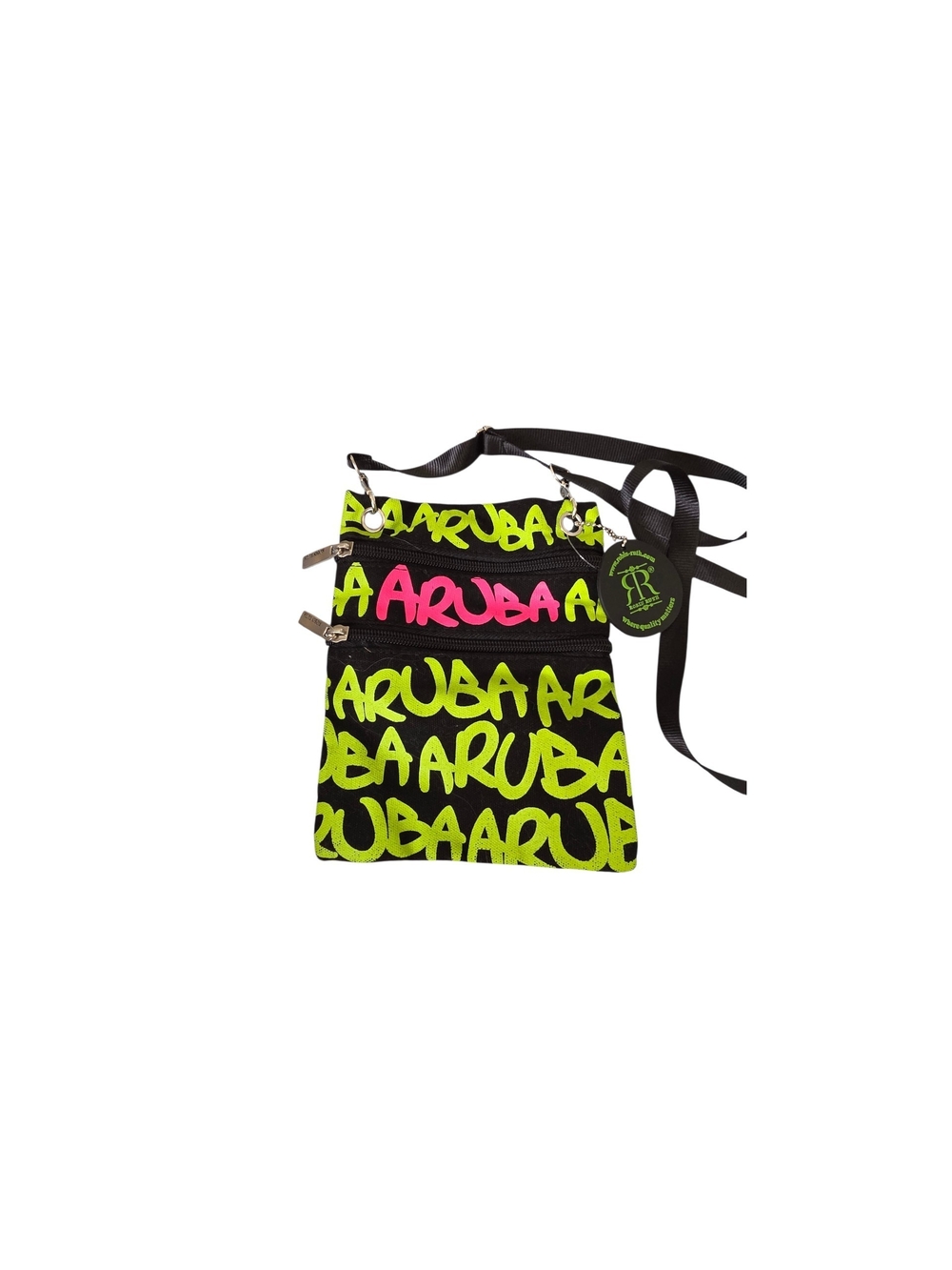 Robin Ruth Black Crossbody Bag with Neon Yellow & Neon Pink Script